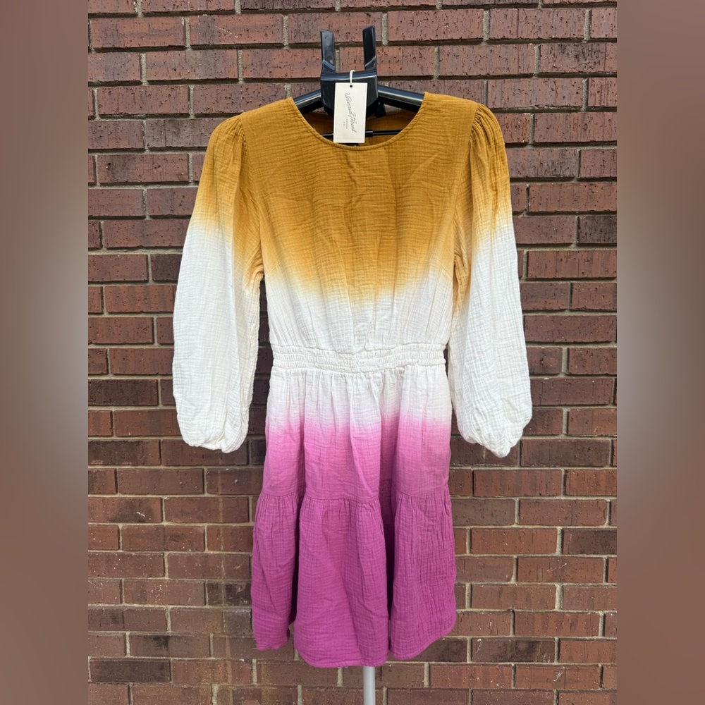 Universal Thread Ombre Gauze Long Sleeve Dress Womens Size Medium Yellow Pink
